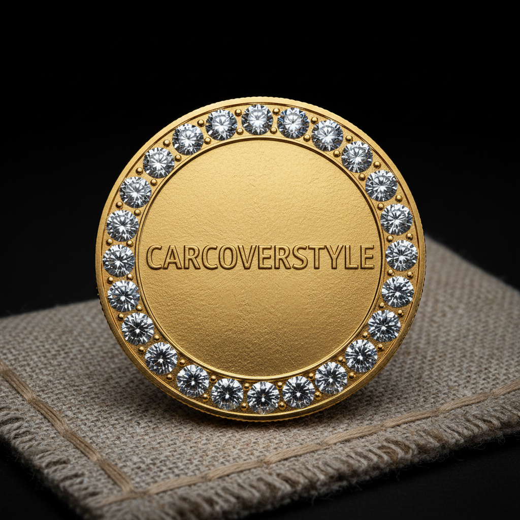 Carcoverstyle 18K gold diamond-encrusted luxury collector coin with CARCOVERSTYLE engraving and handcrafted linen cover