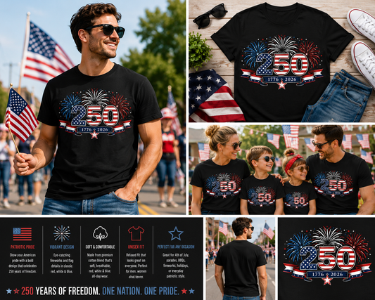 America 250th Anniversary Shirt – 1776–2026 Patriotic Fireworks T-Shirt, USA Independence Day Graphic Tee