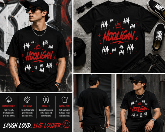 Hooligan Graffiti T-Shirt – Red Black Streetwear Graphic Tee, Urban Drip Style Unisex Shirt