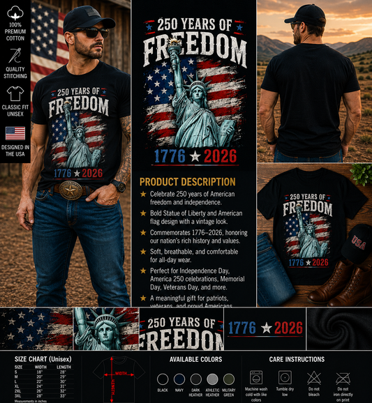 250 Years of Freedom Statue of Liberty 1776–2026 Patriotic Independence T-Shirt