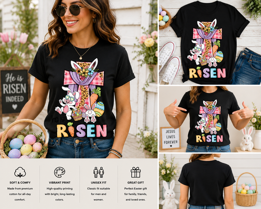 He Is Risen Easter Shirt – Floral Cross Christian Easter T-Shirt – Cute Bunny Religious Easter Tee – Faith Based Resurrection Shirt
