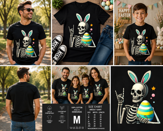 Funny Easter Skeleton Bunny T-Shirt – Rock Hand Skull Easter Egg Graphic Tee for Boys, Men & Teens