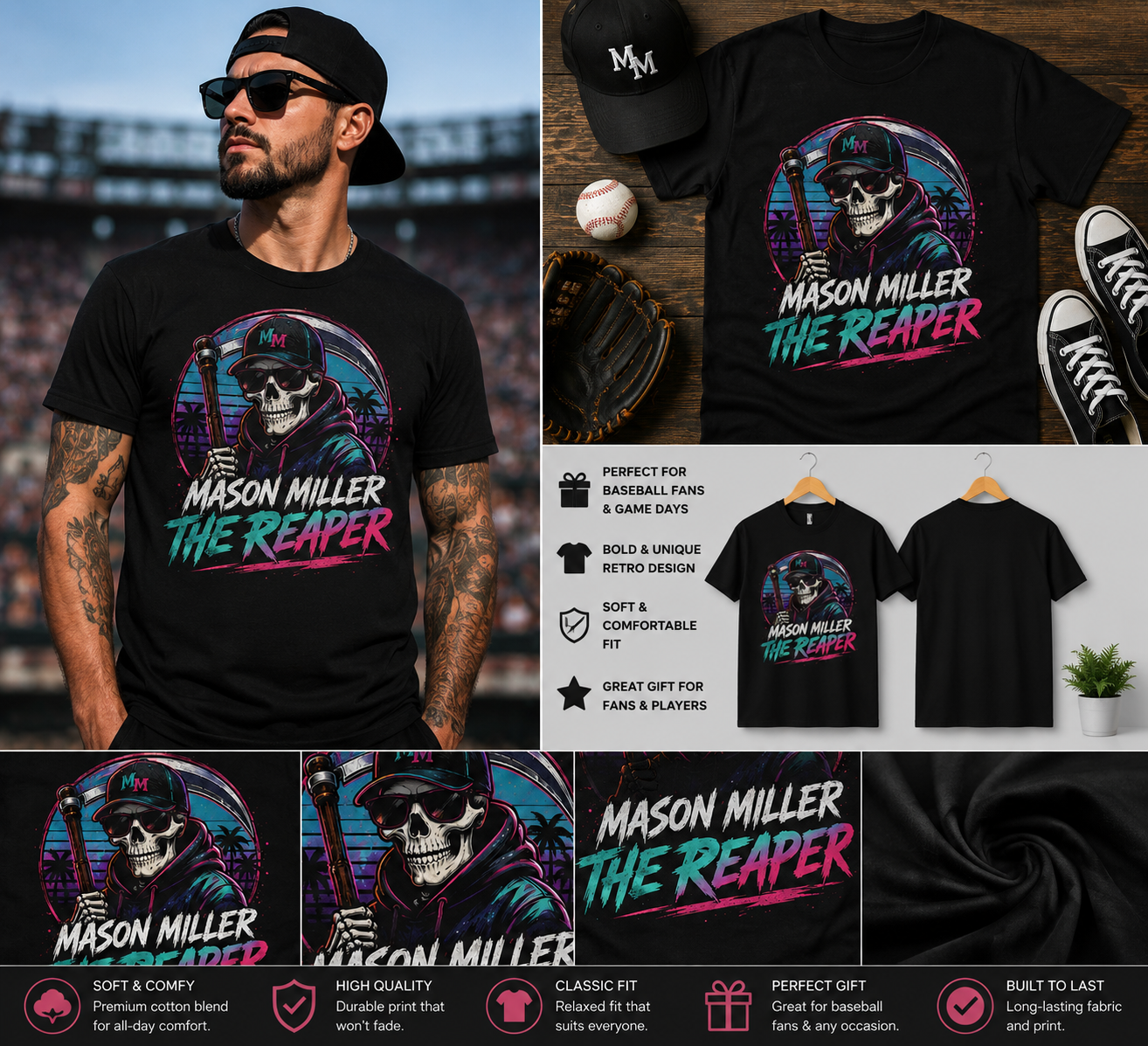 The Reaper Retro Neon Baseball Fan Graphic T-Shirt