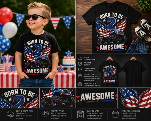 Born to Be 2 Awesome Monster Truck Birthday Shirt – 2nd Birthday Boy 4th of July T-Shirt | Patriotic Monster Truck Toddler Birthday Tee