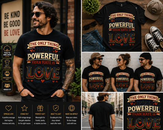 The Only Thing More Powerful Than Hate Is Love T-Shirt – Inspirational Retro Graphic Tee