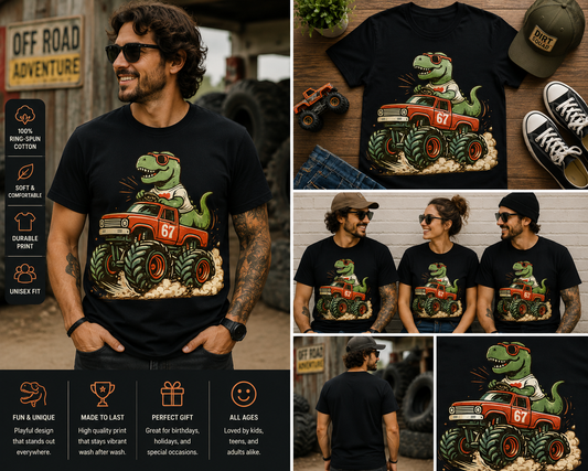 Funny T-Rex Monster Truck T-Shirt – Retro Dinosaur Truck Graphic Tee for Kids & Adults