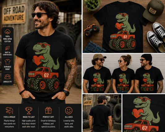 Funny T-Rex Monster Truck Valentine T-Shirt – Cute Dinosaur Heart Graphic Tee