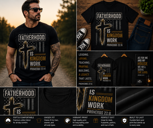 Fatherhood Is Kingdom Work Christian Dad T-Shirt | Proverbs 22:6 Patriotic Cross Faith-Based Father’s Day Gift