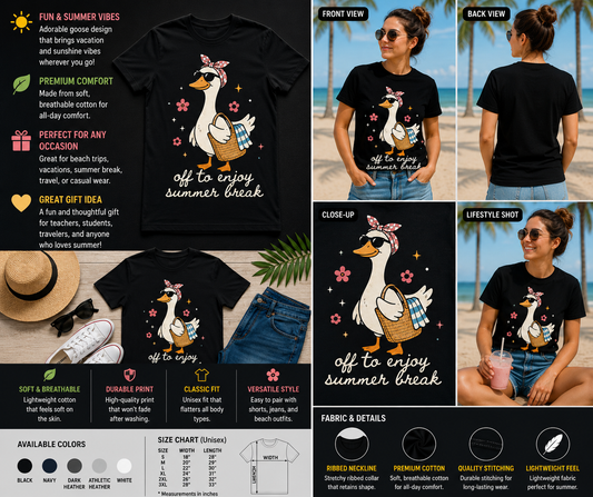 Off To Enjoy Summer Break Cute Goose Vacation Graphic T-Shirt