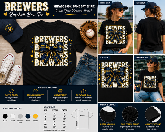 Vintage Brewers Baseball Bow Graphic T-Shirt for Women & Baseball Fans