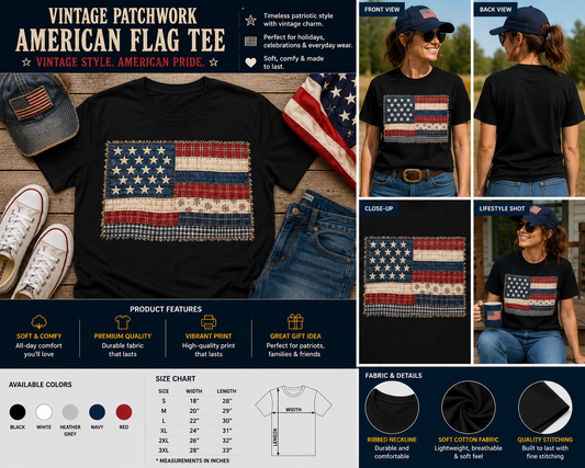 Vintage Faux Patchwork American Flag Patriotic 4th of July Graphic T-Shirt