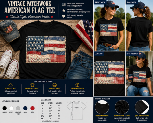 Vintage Patchwork American Flag Patriotic Graphic T-Shirt
