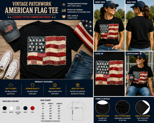 Vintage Distressed Patchwork American Flag Patriotic Graphic T-Shirt