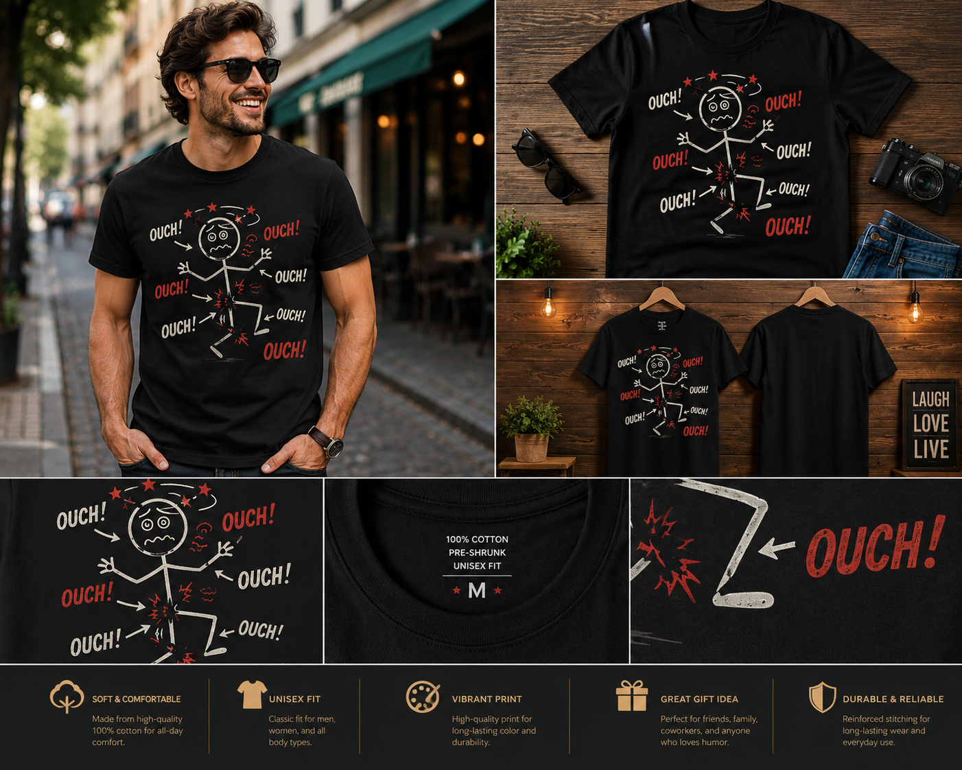 Funny Ouch Stickman Tripping Unisex Graphic T-Shirt