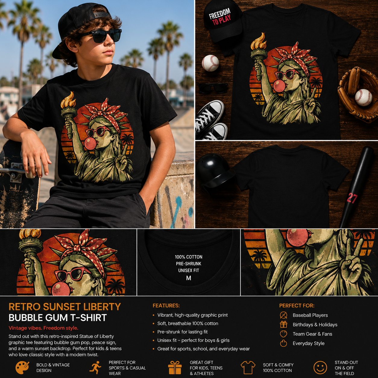 Retro Sunset Liberty Bubble Gum Graphic T-Shirt for Kids