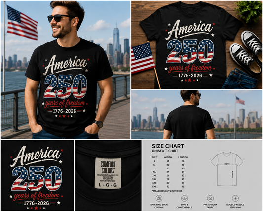 America 250 Years of Freedom Shirt, Patriotic USA 1776–2026 T-Shirt, 4th of July Semiquincentennial Tee