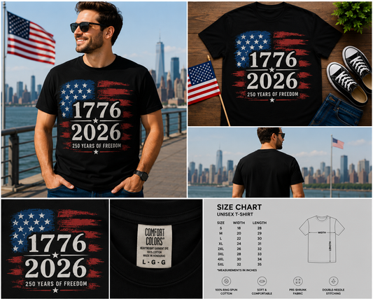 1776–2026 American 250th Anniversary Shirt, USA 250 Years of Freedom Patriotic T-Shirt, Semiquincentennial Celebration Tee